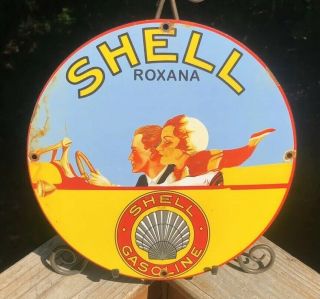 Vintage Shell Roxana Oil Company 11 3/4 " Porcelain Gas & Oil Sign Pump Plate