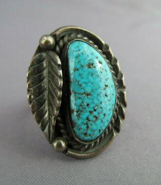 Vintage Old Pawn Sterling Squash Blossom Feather Spiderweb Turquoise Ring