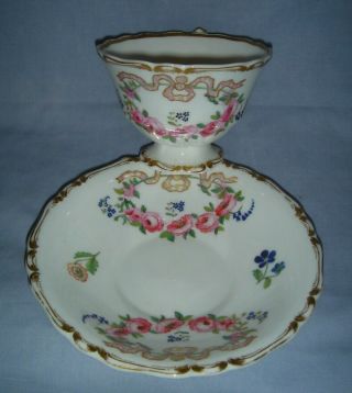 Antique Copeland & Garrett Cup & Saucer H/painted Pink Flowers & Ribbons 1840