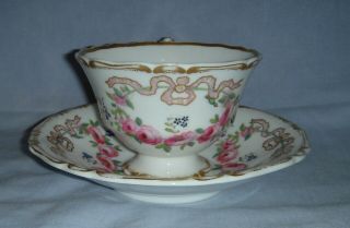 ANTIQUE COPELAND & GARRETT CUP & SAUCER H/PAINTED PINK FLOWERS & RIBBONS 1840 2