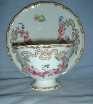 ANTIQUE COPELAND & GARRETT CUP & SAUCER H/PAINTED PINK FLOWERS & RIBBONS 1840 3