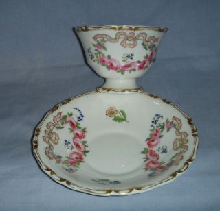 ANTIQUE COPELAND & GARRETT CUP & SAUCER H/PAINTED PINK FLOWERS & RIBBONS 1840 4