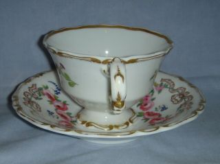 ANTIQUE COPELAND & GARRETT CUP & SAUCER H/PAINTED PINK FLOWERS & RIBBONS 1840 7