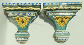 Pair Vintage Italian Hand Painted Porcelain Floating Hanging Wall Shelf Sconces