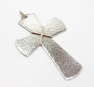 Rare Vintage Signed Cartier Sterling Silver 14k Gold Hammered Cross Pendant