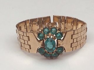 Crown Trifari Vintage Bracelet Green Rhinestone Gold Tone Links