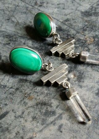 Mexico Sterling Silver Green Malachite Statement Earrings Signed Quartz Crystal