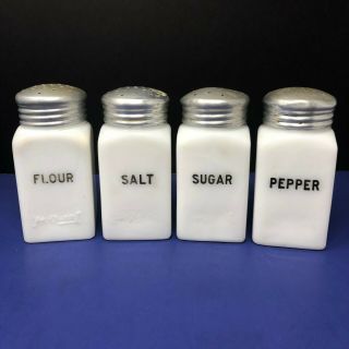 Hotpoint Milk Glass Shakers Range Top Salt Pepper Flour Sugar Depression Vintage