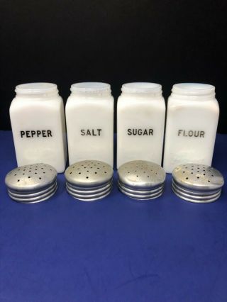 Hotpoint Milk Glass Shakers Range Top Salt Pepper Flour Sugar Depression Vintage 2