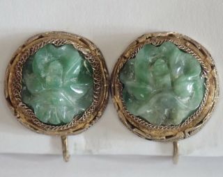 Antique Chinese Gold Gilt Silver Filigree Carved Green Jade Flower Earrings