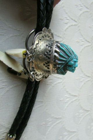Vintage Native American Sterling Silver Turquoise Chief Black Leather Bolo Tie