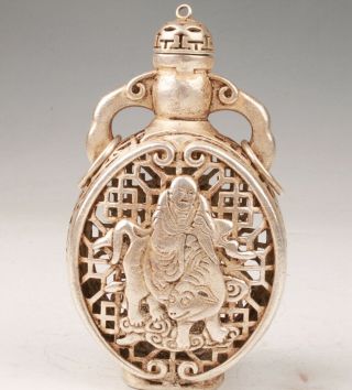 Rare Chinese Tibetan Silver Handmade Hollowed Carving Buddha Cow Snuff Bottle