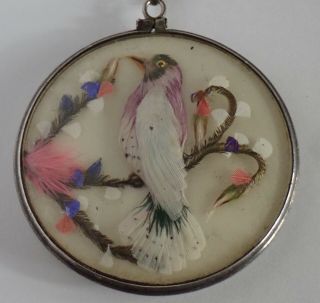 Antique Edwardian Sterling Silver Glass Bird Feather Scenic Pendant Necklace