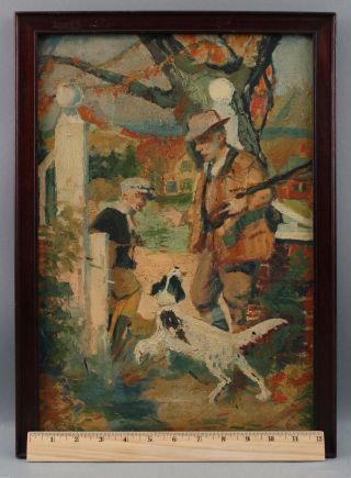Antique Signed Impressionist Oil Painting,  Hunter,  Sun & English Setter Dog