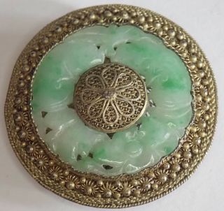 Fine Antique Chinese Gold Gilt Carved Green White Moss On Snow Jade Dress Clip