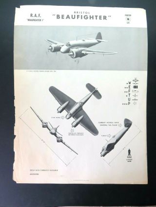 1942 18.  5 " X 24.  8 " Navy Aircraft Id Poster - " Bristol Beaufighter "