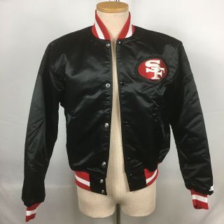 Vtg Starter Nfl Sf San Francisco 49ers Nylon Satin Bomber Jacket Black Youth Med