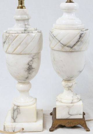 Carved Italian Alabaster Urn Table Lamps Pair Vintage Mid Century Neoclassical 3