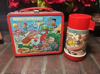Flintstones Pebbles & Bamm Bamm Metal Lunch Box W/ Thermos Vintage 1971