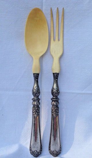 19th C Antique Sterling Silver Salad Server Fork & Spoon Bovine Bone Acanthus