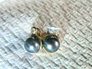 Vtg.  14k Yellow Gold Bluish Black Button Tahitian Pearl Diamond Earrings