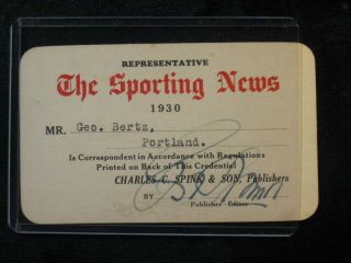 Vintage 1930 Sporting News Representative Credentials Pass Portland