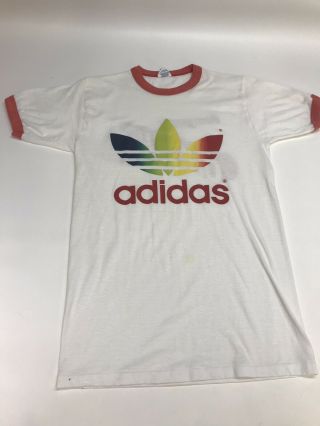 Vintage 70s 80s Adidas Rainbow Print T Shirt Trefoil Made In Usa M