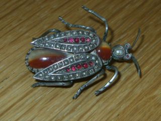 Art Deco Vintage Continental Silver Agate Seed Pearl And Garnet Bug Brooch