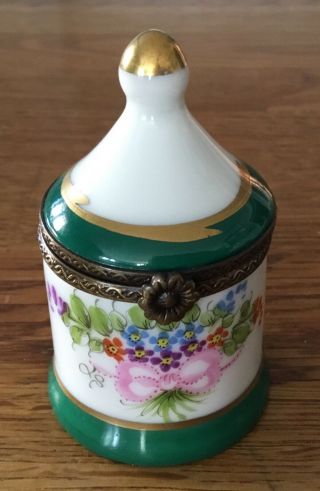 Limoges Hand Painted Turreted Box With Green Glass Bottle Inside.  Vgc