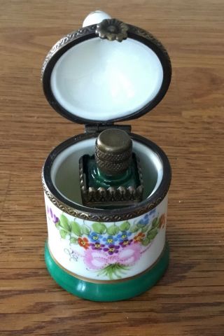 Limoges Hand Painted Turreted Box with Green Glass Bottle Inside.  VGC 2