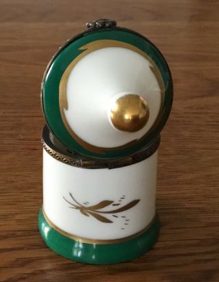 Limoges Hand Painted Turreted Box with Green Glass Bottle Inside.  VGC 3