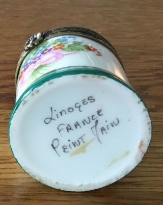 Limoges Hand Painted Turreted Box with Green Glass Bottle Inside.  VGC 4