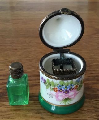 Limoges Hand Painted Turreted Box with Green Glass Bottle Inside.  VGC 5