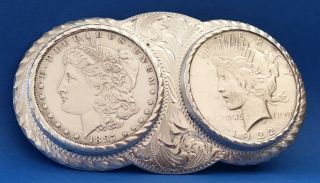 Vtg Magnificent Sterling Silver Double Silver Morgan & Peace Dollar Belt Buckle