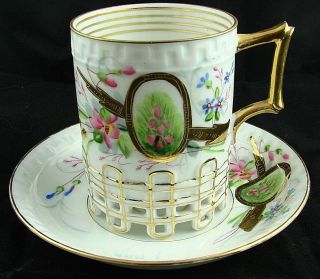 19thc Antique Russian Chocolate Cup & Saucer By Kuznetsov Of Dulevo,