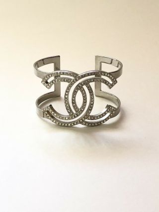 Rare Chanel 2016 Crystal Cc Logo Cutout Cuff Bracelet