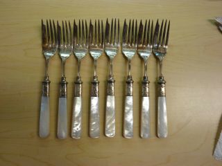 Set Of 8 Antique Mother Of Pearl Handle Sterling Bolster Dinner Forks