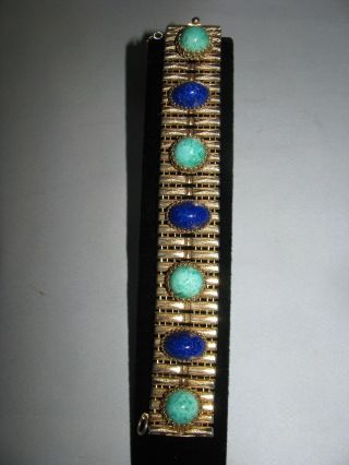 Schiaparelli Link Bracelet Large Peking Glass /faux Lapis Stones Signed Vtg