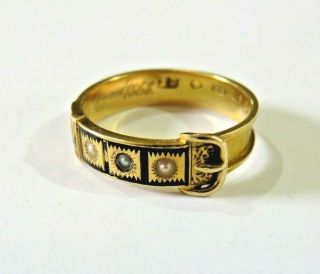Antique Victorian 18ct Gold Black Enamel Mourning Buckle Ring,  Inscription 1868
