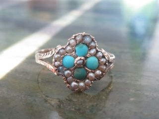 Antique Georgian Or Early Victorian 10k Seed Pearl And Turquoise Ring