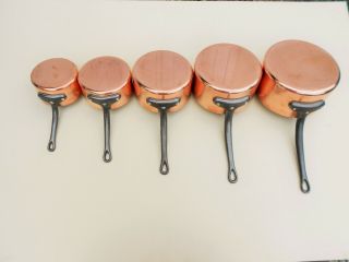 HEAVY VINTAGE 5 PIECE FRENCH SOLID COPPER SAUCEPAN SET RIVETED IRON HANDLE 3