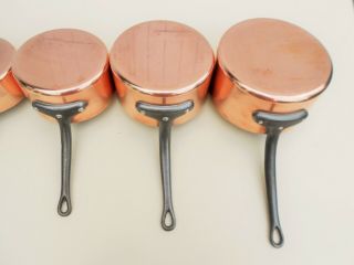 HEAVY VINTAGE 5 PIECE FRENCH SOLID COPPER SAUCEPAN SET RIVETED IRON HANDLE 5