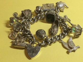 Vintage Heavy 925,  Solid Silver Charm Bracelet,  14 X Large Charms,  105,  Grams,