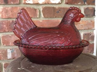 Vintage Red Indiana Glass Hen On A Nest.