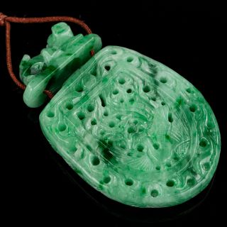 Antique Jadeite Necklace Pendant Imperial Green Carved Jade 88 Grams Amulet 2