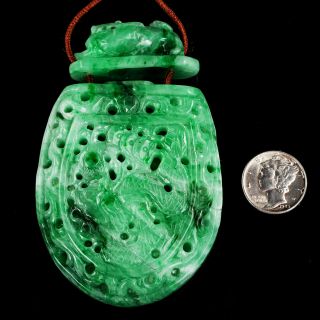 Antique Jadeite Necklace Pendant Imperial Green Carved Jade 88 Grams Amulet 3