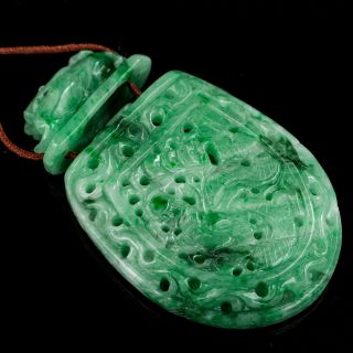 Antique Jadeite Necklace Pendant Imperial Green Carved Jade 88 Grams Amulet 4