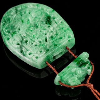 Antique Jadeite Necklace Pendant Imperial Green Carved Jade 88 Grams Amulet 7