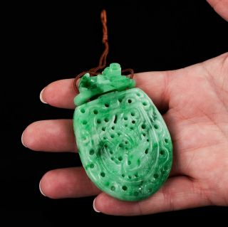 Antique Jadeite Necklace Pendant Imperial Green Carved Jade 88 Grams Amulet 8