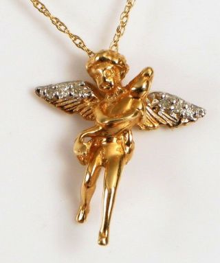 Vintage 14k Yellow Gold Angel Cherub Pendant Necklace W Diamond Wings 20 " 3g